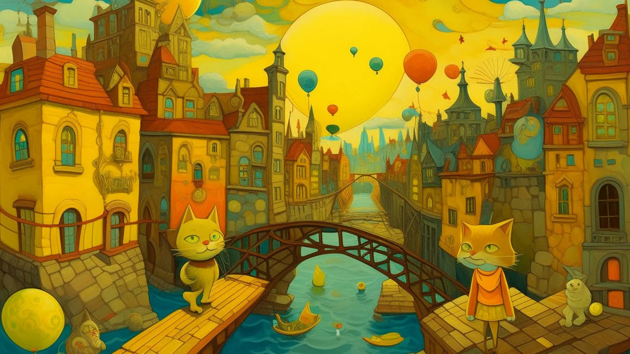 Whimsical cityscape featuring buildings in shades of yellow, brown, and grey, some with faces, under a bright yellow sky with stars, a red balloon floating above the buildings, a stone bridge with a carved face spanning a canal filled with blue and yellow fish, a light-skinned woman, in her 60s, wearing a hat and playing a string instrument, a cat sitting beside her, a horse-drawn carriage on top of one of the buildings, and a frog sitting in a tree, the painting style is characterized by soft,