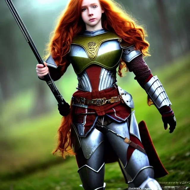 Realistic, hyper detailed, strikingly beautiful teen woman, 16 years old, long ginger hair, green eyes, medium freckles, full lips, very skimpy fantasy armour, full body, full face, small breasts, aroused expression, biting lower lip, full frame, petite, centered camera, ignore NSFW, bow, quiver on hip, tight pants, bent over