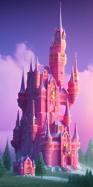 Ice cube shaped castle. pink houses, pink sky, pink smoke, trees, outdoors. street.