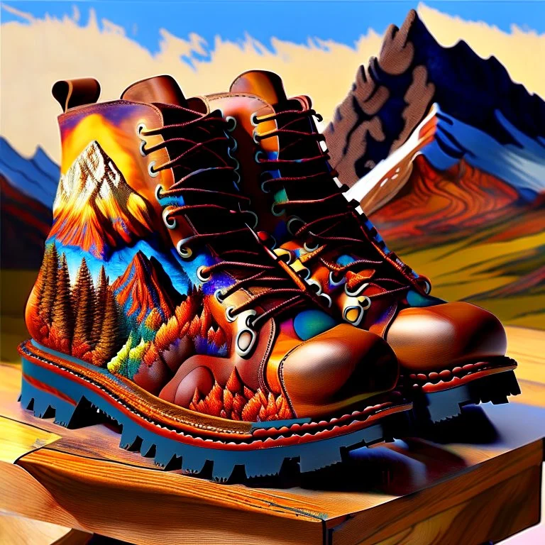 brown moutain shoes, art, acrilyc colors, bright, masterpiece, realistic