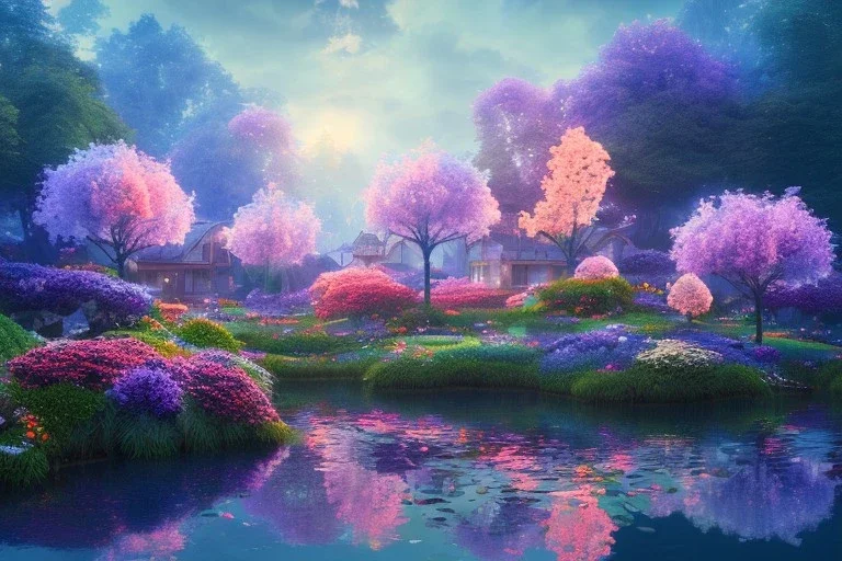 monde en fleurs, flower tree-houses, concept art, crépuscule , fuksia bleu oranger, vibrant Color, réaliste, riviere bleu, tree-house