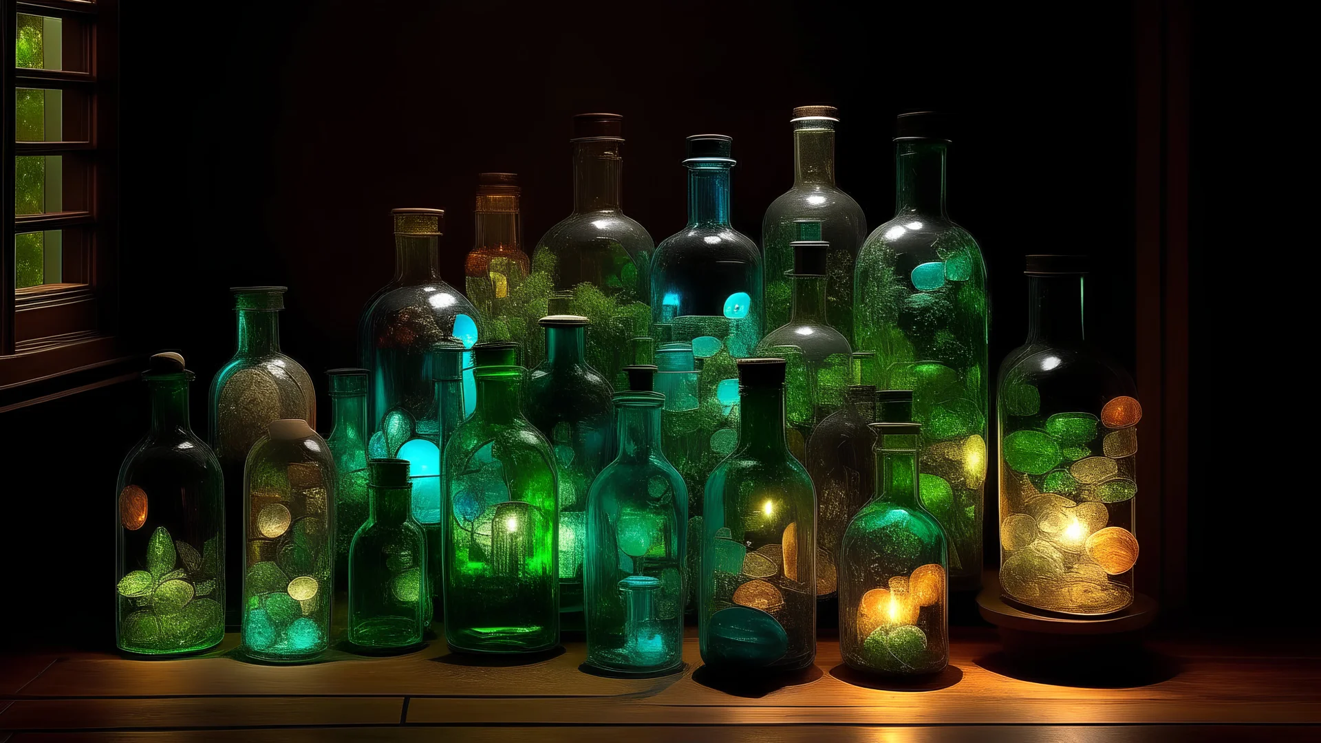 A quirky artwork created from salvaged glass bottles and jars, illuminated from within to reveal their inner mysteries, where containers become vessels of light and imagination