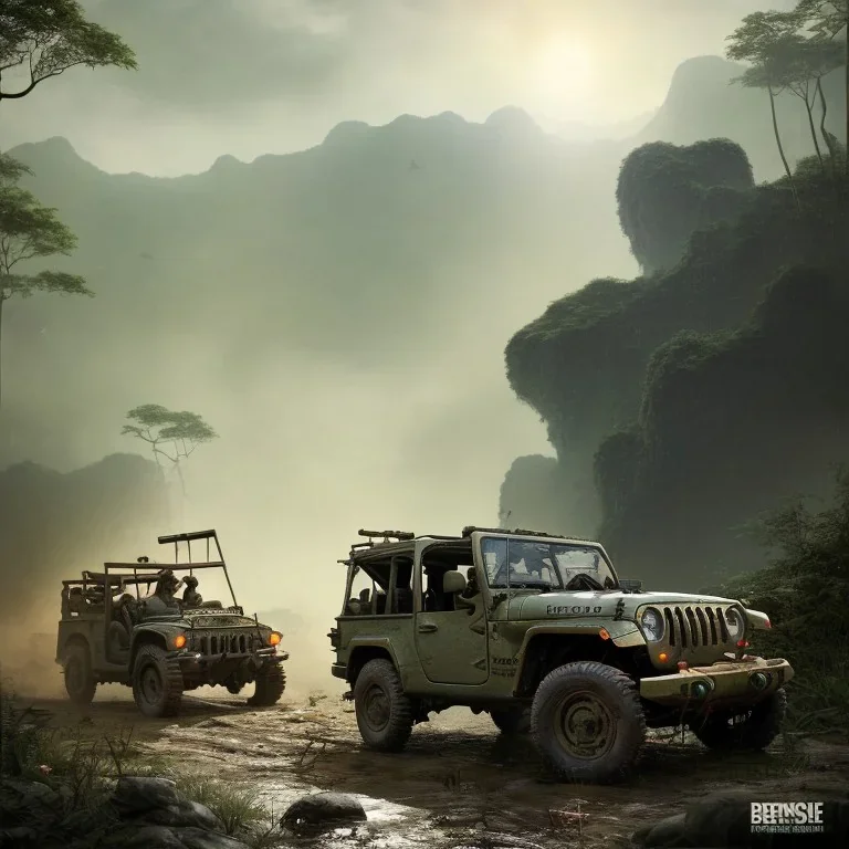 vietnam war. war report. jeep in jungle. poster. bokeh. lens flare. warm lights. high detailed. beksinski