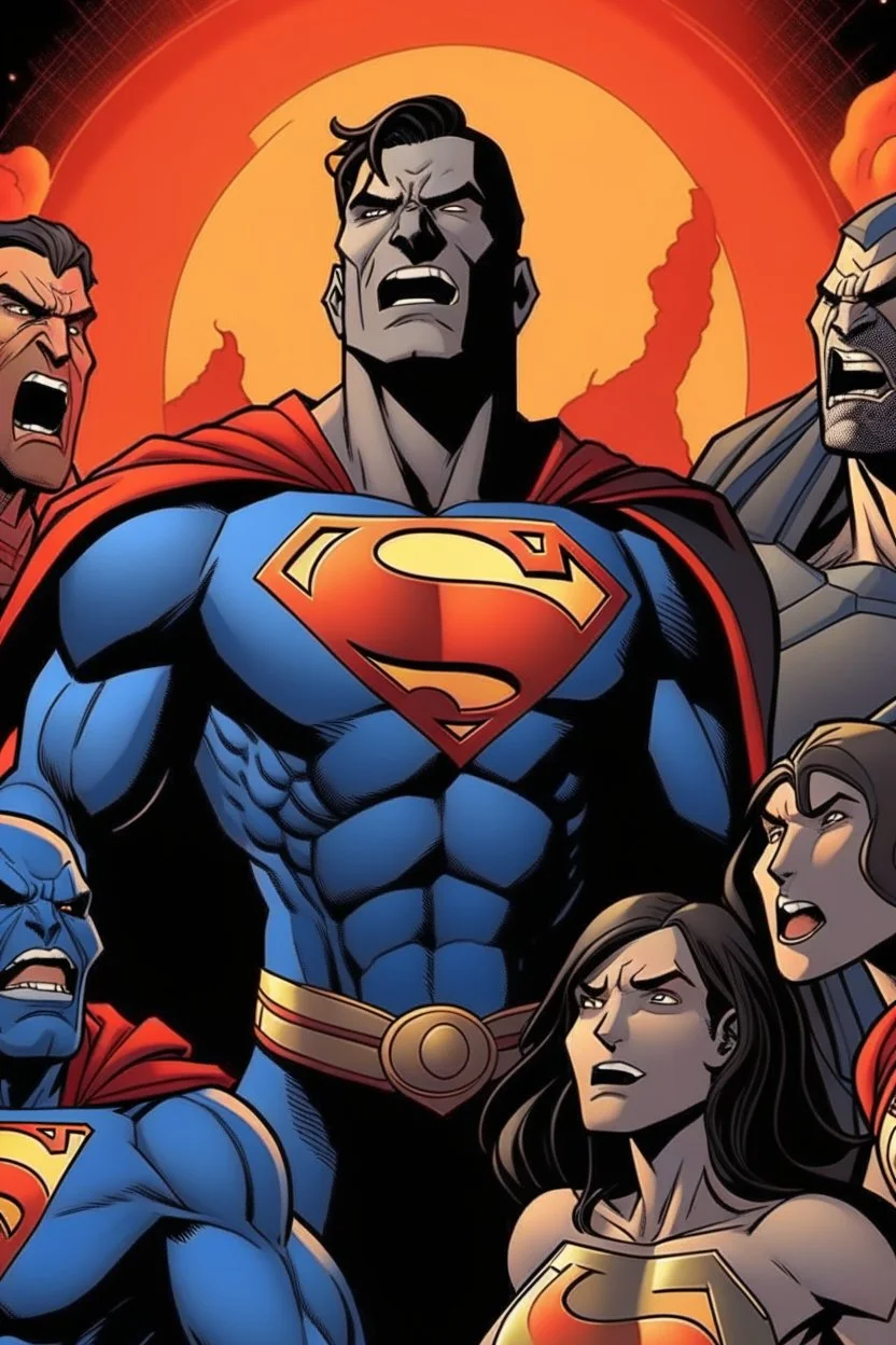 generate Darkseid very happy singing a song with Superman and friends