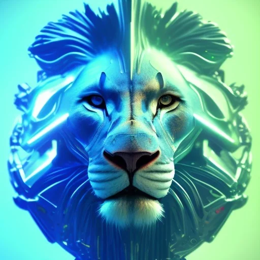 A beautiful portrait of a cyborg lion blue green color scheme, high key lighting, volumetric light high details psychedelic background