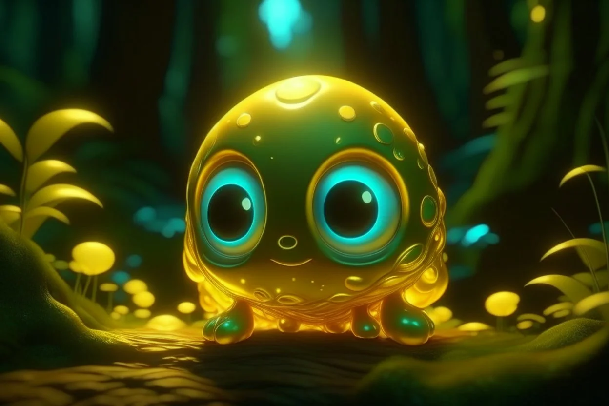 cute chibi slime radiant golden glow in mystical bioluminescent forest , highly detailed , cute facial features , 3D reflections