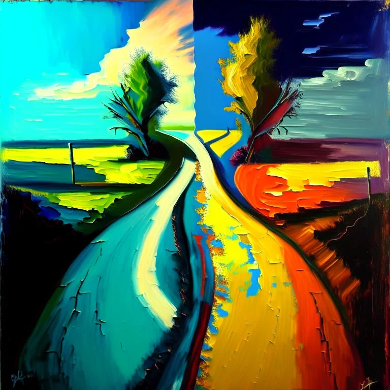 two roads diverged , art, oil colors, bright