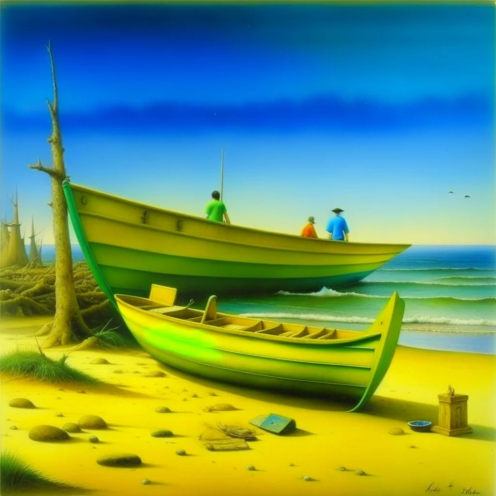 A man, beach, a green and blue boat, some pieces of wood, summer, creepy, odd, Yves Tanguy