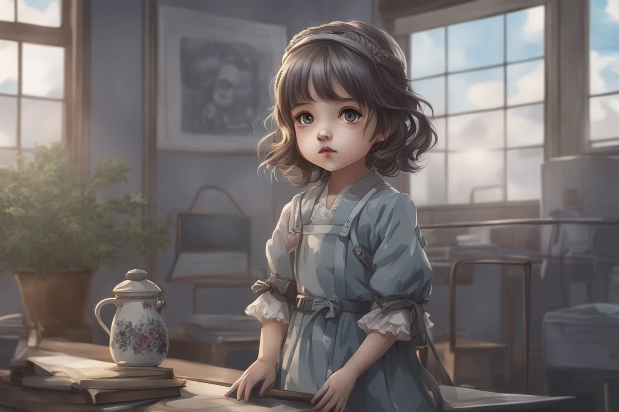 Little girl in 2D anime doll artstyle, horror them, hospital, full body, apocalypse, intricate details, highly detailed, high details, detailed portrait, masterpiece,ultra detailed, ultra quality