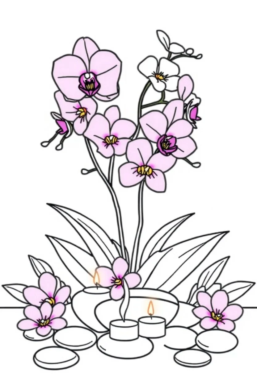 outline art for visually rich appealing tall ikebana heart orchids plumeria spa rounded stones around candles, coloring page for kids, white background, fit to page, only use outline, clean line art, no shadows, clear and well outlined