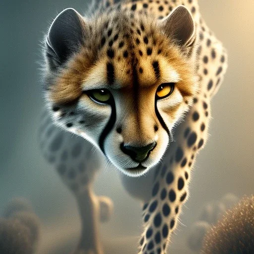 pixar art style of cheetah in natural environment, monotone color, full body, by mobeius, au naturel, hyper detailed, digital art, trending in artstation, cinematic lighting, studio quality, smooth render, unreal engine 5 rendered, octane rendered, art style by klimt and nixeu and ian sprigger and wlop and krenz cushart