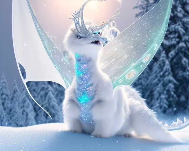 mdjrny-v4 style, a white dragon with fairy-like transparent glowing and sparkly wings standing in snow, full body, silver and teal background, glowing soft and smooth wings, realistic, highly detailed intricately detailed, shiny snowy background, soft studio lighting, trending on artstation, by artist "Julie Bell", by artist "Greg Rutkowski"