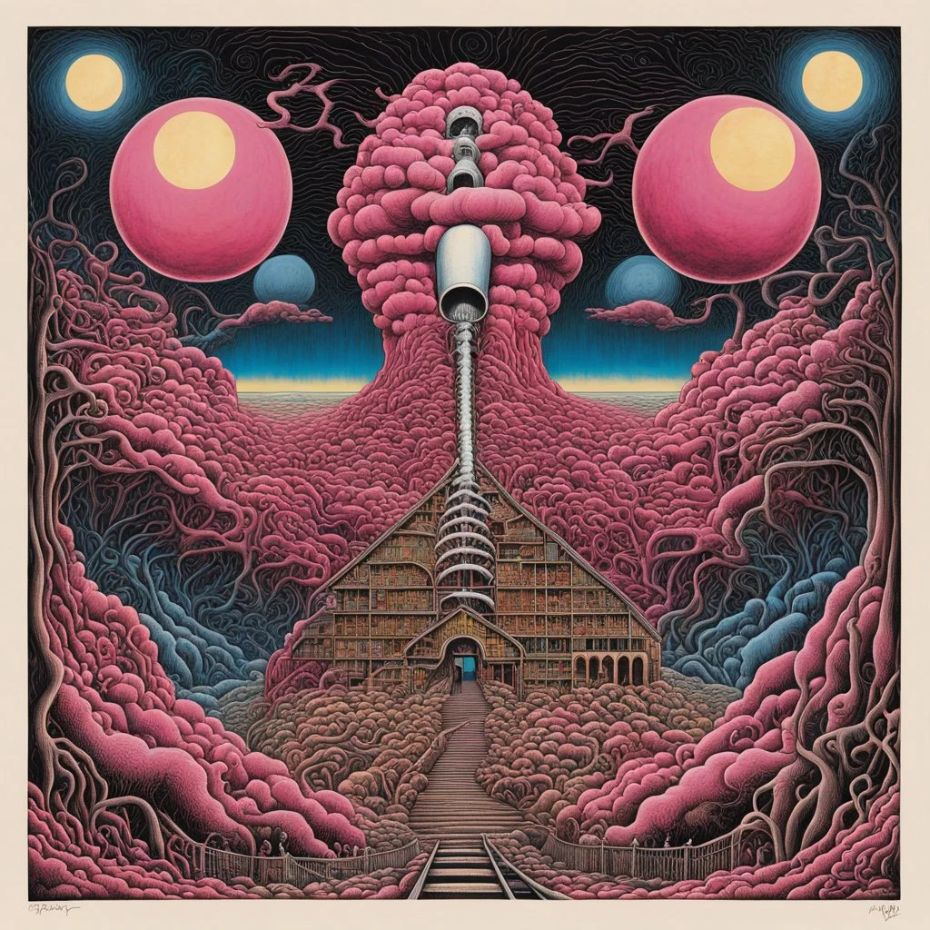 Pink Floyd album art for "Cymbaline", apprehension creeping, train thundering up your spine, surreal, by Emek, by Alan Kenny, concept art, dramatic, silkscreened, color ink illustration, psychedelic album cover, expansive, smooth, weirdcore, text: Cymbaline, strange changing size.