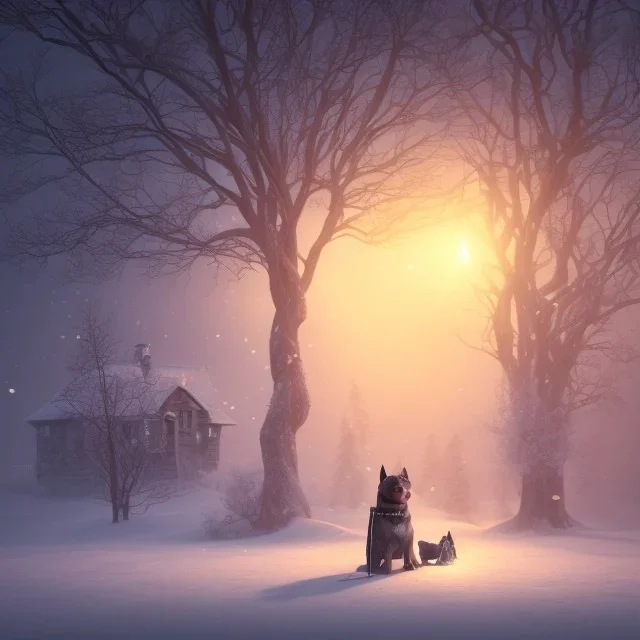 sad, abandoned, dog tied to a tree, short leash, with robed Grim Reaper nearby and house in background, winter, loneliness, 8k resolution, high-quality, fine-detail, iridescent, intricate, digital art, detailed matte, volumetric lighting, illustration, 3D octane render, by Jenny Jinya, Loving Reaper,