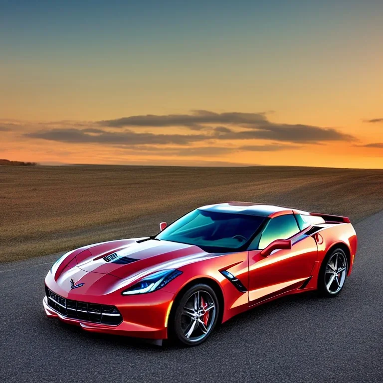 corvette en la carretera en un atardecer