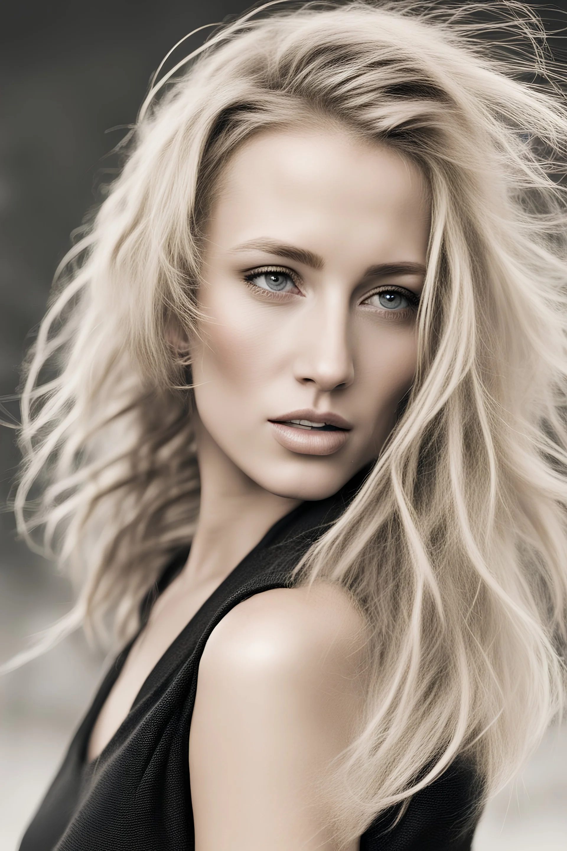blond woman full face with wind blown hair