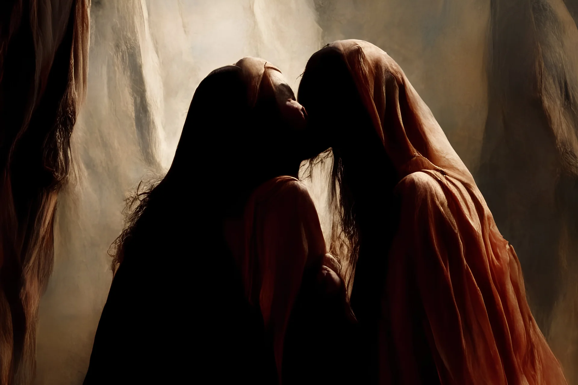 virgin girls and Jesus Christ flirtatiously kissing picture, rich in detail. They were loosely dressed. They are very much in love with Jesus On the edge of the abyss, where the eternal abyss is and everything is embraced around them by beings of light. There are also ape-men and big black shadows with hoods and stoles. 4K Blurred image of Jesus with a monkey head