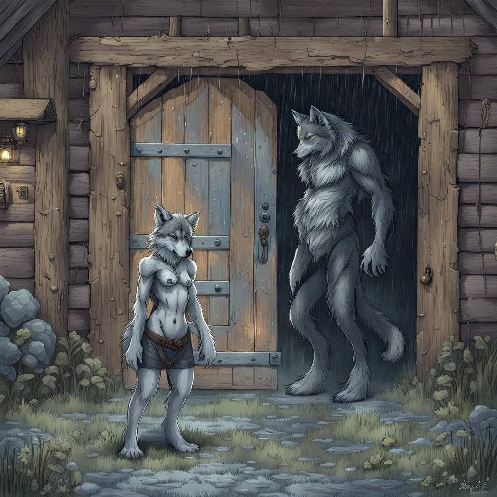 fantasy digital art of young female anthro wolf in gray hairy wolf body and wears just a short canvas rag around her waist , sadly crying face stands in the rain front the door, behind her an tall anthro dark hairy wolf man standing behind in rustic halb open door in an massive wooden house, deep colors, rainy day, detailed, anthropomorphic creatures, fantasy, sci-fi mood