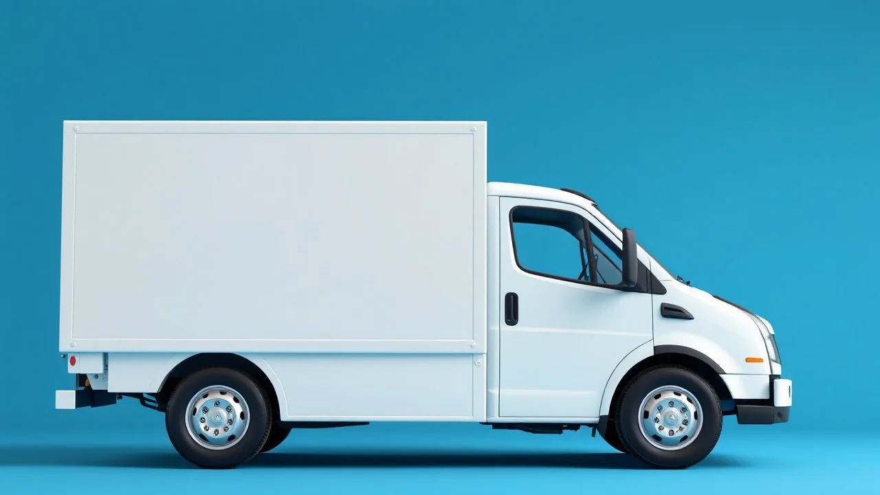side profile of a white generic medium commercial truck with cube box, blue background, pixxar