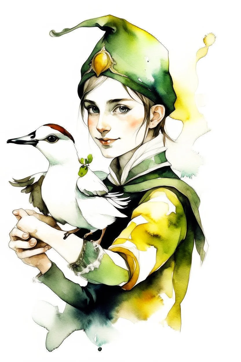 Watercolor black and white elf holding a duck