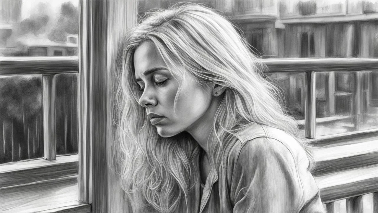 Black and white pencil sketch of a sad blonde on a balcony, tears, photorealism, 3d, 64k, high resolution, hyperrealism, f/16, 1/300s.