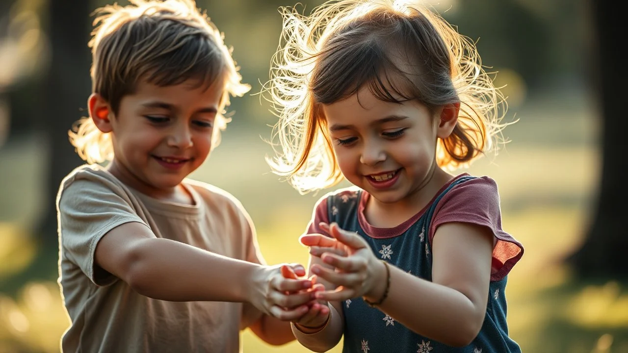 Nikon D850 with Nikkor 24-70mm f/2.8 lens at f/2.8: [Beautiful friendly telepathic young boys and girls playing together with finesse, devotion, and serendipity as best friends], [soft natural volumetric cinematic light catches their movements with chiaroscuro effects], creating [a sense of magic and fantasy]. High-angle perspective, focus on close foreground detail, exquisite composition with beautiful intricate details, 16k artistic photography style, photorealistic concept art