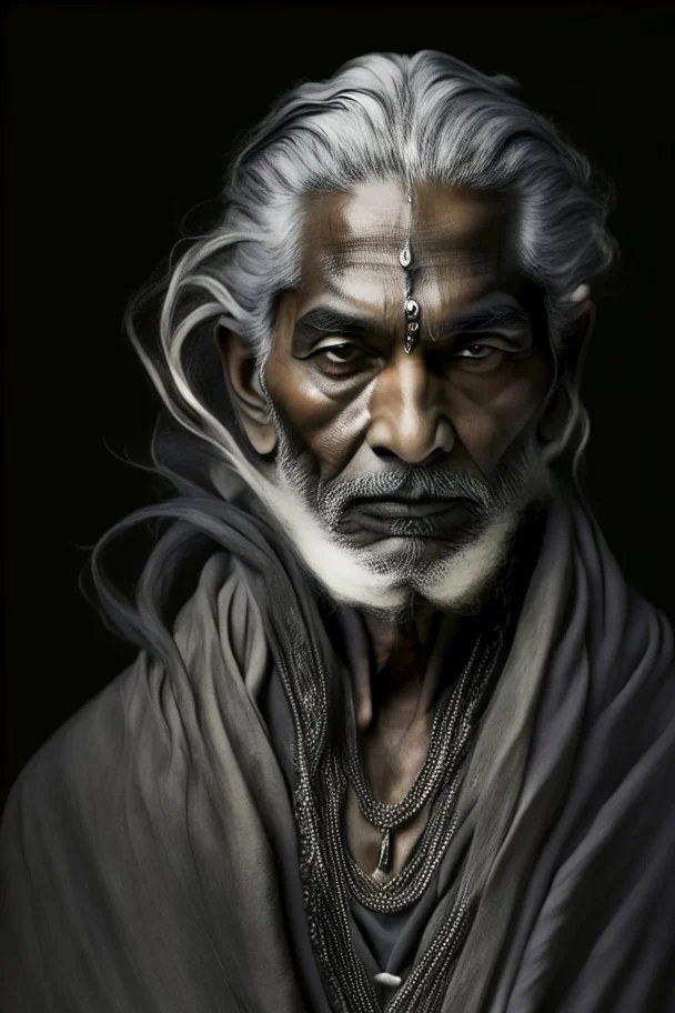 a photo of an Hindu man with ethnic jewelry, grey hair and grey flowing robe, in style of Annie Leibovitz, contemporary portrait of a mature yet beautiful and modernist man, black and grey, detailed masculine face, swirling fluid smokey enigma, award-winning artwork