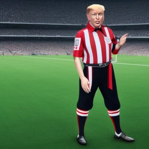 Donald Trump in a referee jersey officiating for a soccer match at Wembley Stadium