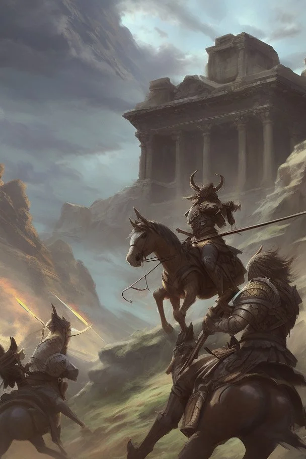 Three wild barbarians, on horseback, stand against the background of a destroyed pagan temple. 1st-8th century AD. Stern men with swords and bows in animal skins, bare-chested and without armor and without helmets. in summer. Shields and spears are in their hands. Ancient cities are burning behind. Everything is in high-quality rendering. A lot of air. 8K