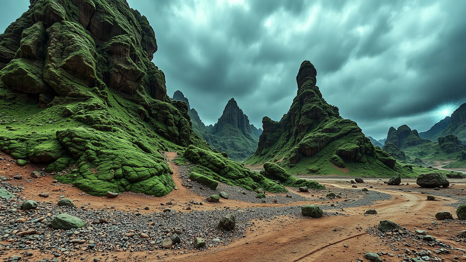 HDR digital photograph on a weird alien planet. You are currently in an area of green rock/gravel peaks. It is intermittently threatening to rain. Nearby you notice an anomalous phenomenon.You are currently in an area of green rock/gravel peaks. It is intermittently threatening to rain. Nearby you notice an anomalous phenomenon... it's a casual photo.