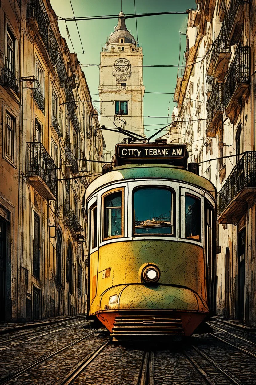 lisbon city view in fantasy cyberpunk style with famous tram