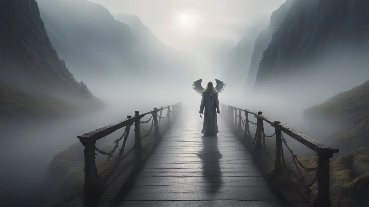 walking straight across the bridge, holding the angel of death's hand, entering the fog that leads to the afterlife, a stream from the mountains flows from the right and left sides, realistic