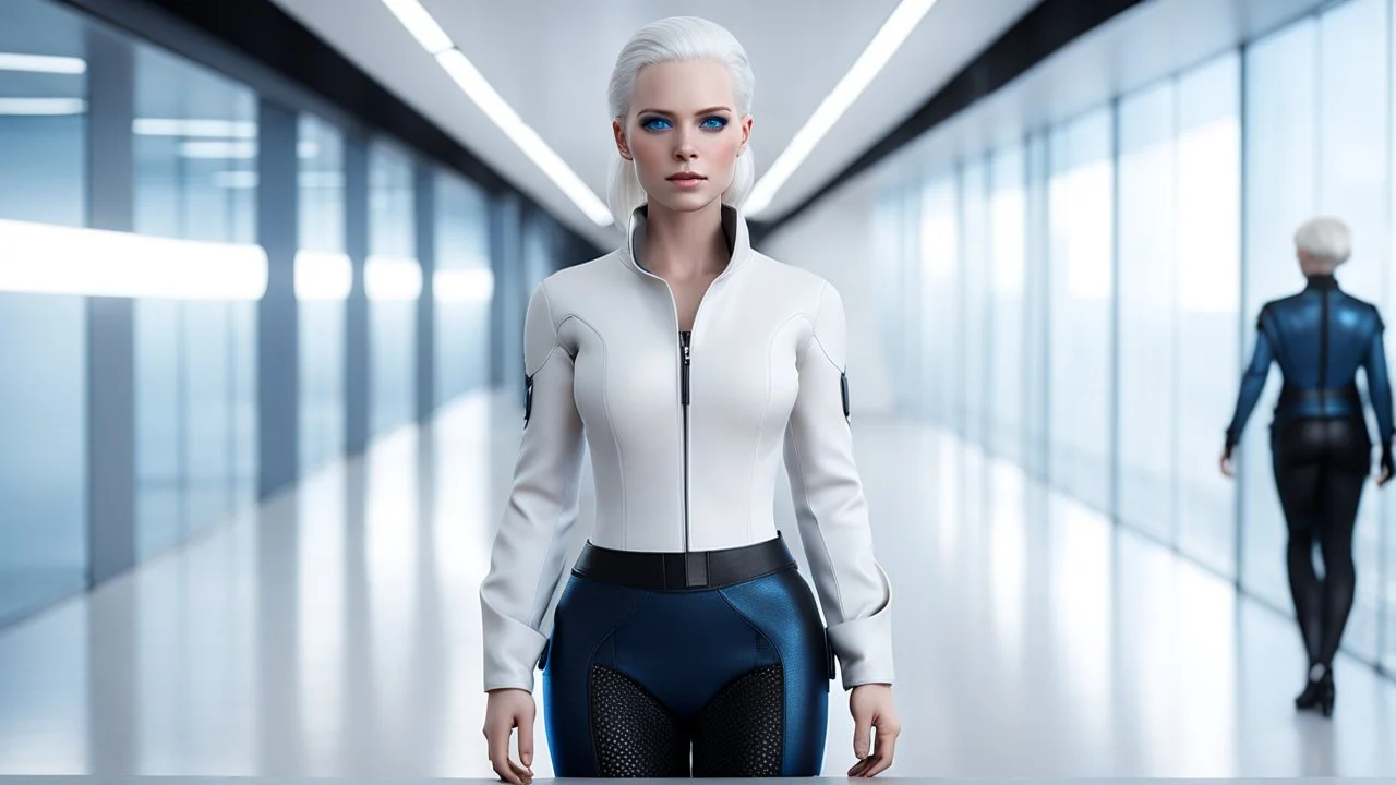 A captivating 3D render of Anita, a 25-year-old human android with unique features. She has short, white albino hair styled neatly and tied back, complementing her flawless white skin.Her striking blue eyes are surrounded by freckles, adding to her kind and approachable face. She stands in futurisctic white-blue-black cloth in a futuristic office , designed with sleek modern lines and cutting-edge technology. The photorealistic quality