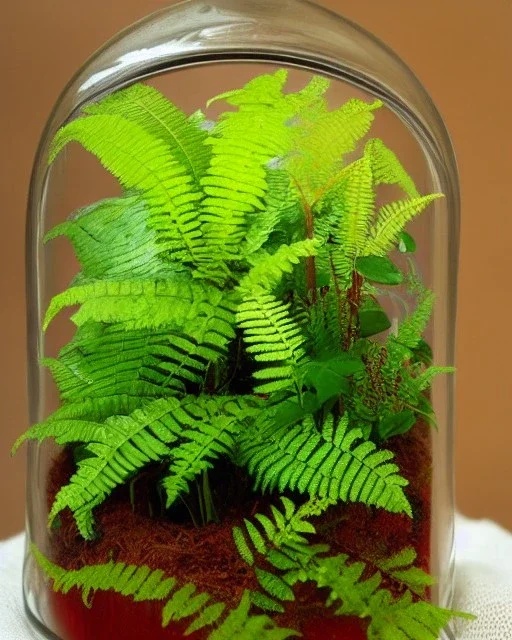 lush fern rainforest in a bell jar, symmetrical, warm colors, warm lighting, linen backdrop