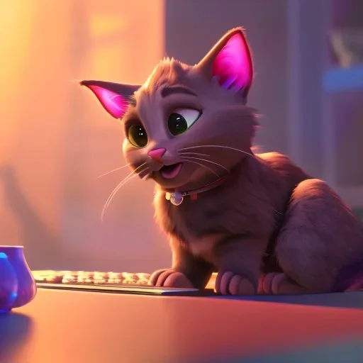 cat typing on computer playing video games, 8k resolution, fine-detail, high-quality, intricate, matte detailed, 3D, octane render, digital art, Dreamworks art, Pixar Art