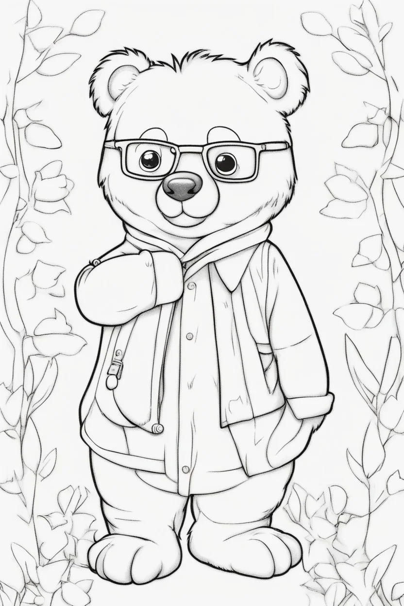 Outline art for cute coloring pages with bear with glasses, full body, white background, sketch style, only use outline, clean line art, no shadows and clear and well outlined.