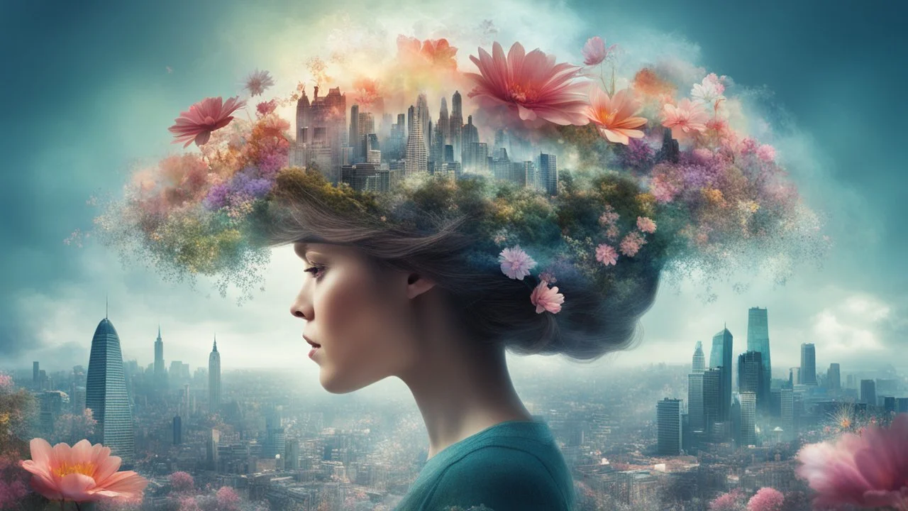 Magical secret on the top of a woman's head, in her hair, double exposure, high resolution, fine rendering, high detail, 3D, flowers, city on her head, fantasy