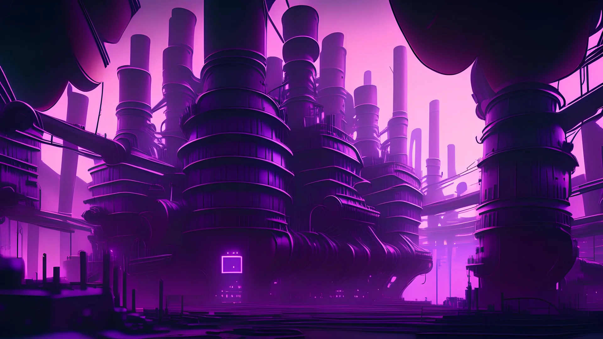 a giant factory, purple tones, dreamy, psychedelic, 4k, sharp focus, volumetrics, trippy background