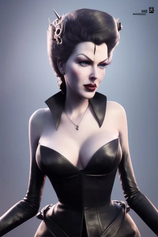 Lana Turner as evil queen in black leather, leather, busty, cleavage, angry, stern look. character design by cory loftis, fenghua zhong, ryohei hase, ismail inceoglu and ruan jia. unreal engine 5, artistic lighting, highly detailed, photorealistic, fantasy