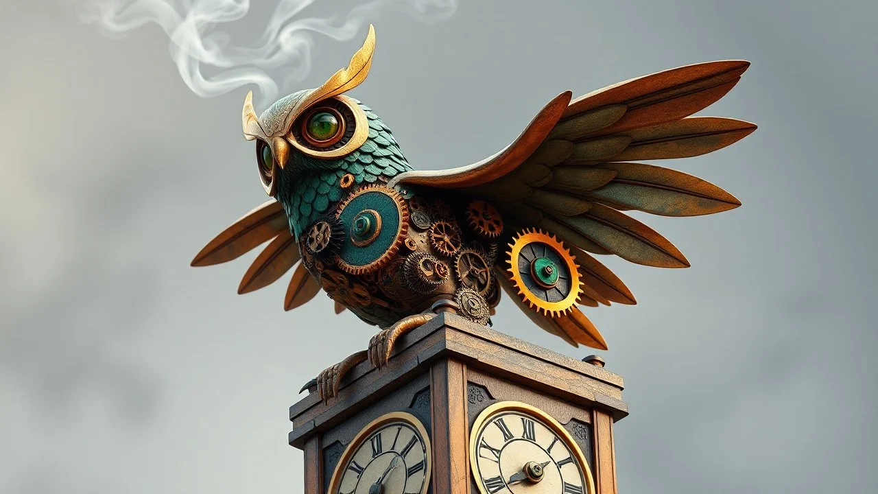 Description: Envision a small, intricate clockwork creature resembling a metallic owl, with gears and steam-operated wings. It’s perched atop a long, ancient clock tower. Colors: Rich bronzes, deep emerald greens, and soft golds that catch the light. Textures: The creature's body features an assortment of exposed gears, intricately designed, with a polished finish that gleams. Mood: Nostalgic and whimsical, evoking a sense of timelessness. Elements: Include swirling clouds of steam emanating fro