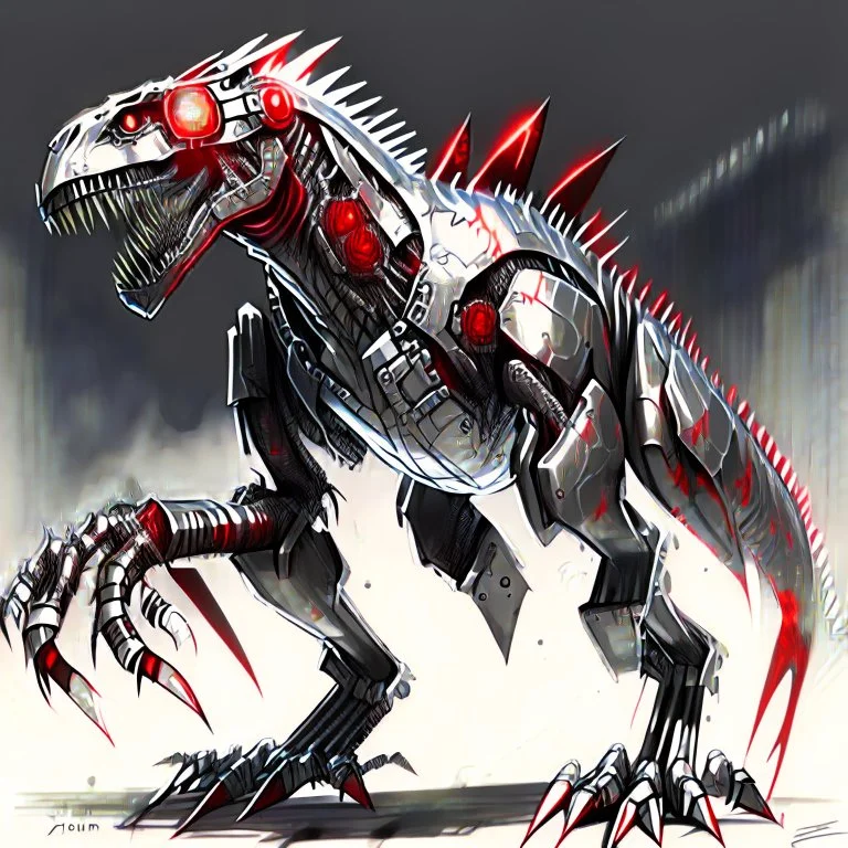 The drawing depicts a cyborg dinosaur with enormous length and a strong body. It is characterized by a silver textured and shiny body, and the body looks as if it is made of a single piece of metal. The dinosaur wears black and red virtual reality glasses, and rays come out of them