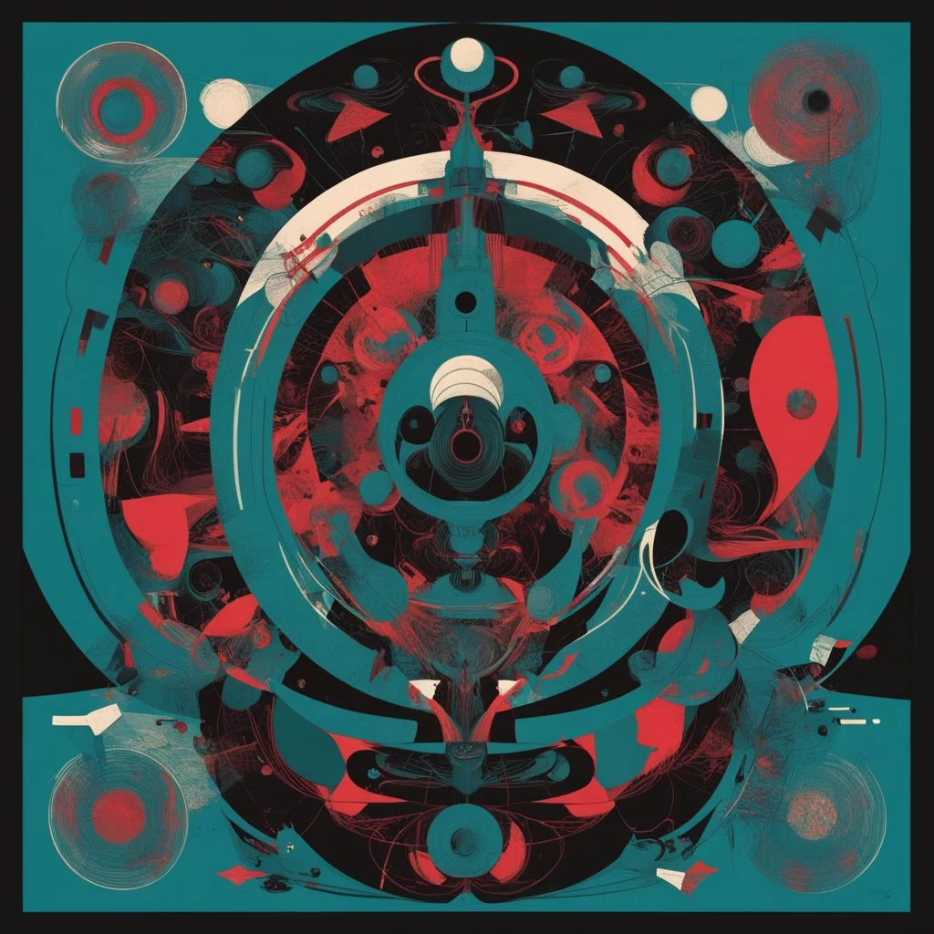 Nervous Xians, symbolism, abstract art, by Graham Sutherland and Petros Afshar and Lee Bontecou, maximalism, mind-bending illustration; poster art, asymmetric; Dark_Cyan - Crimson - black color scheme, dark background, intricate half tone print, maximal