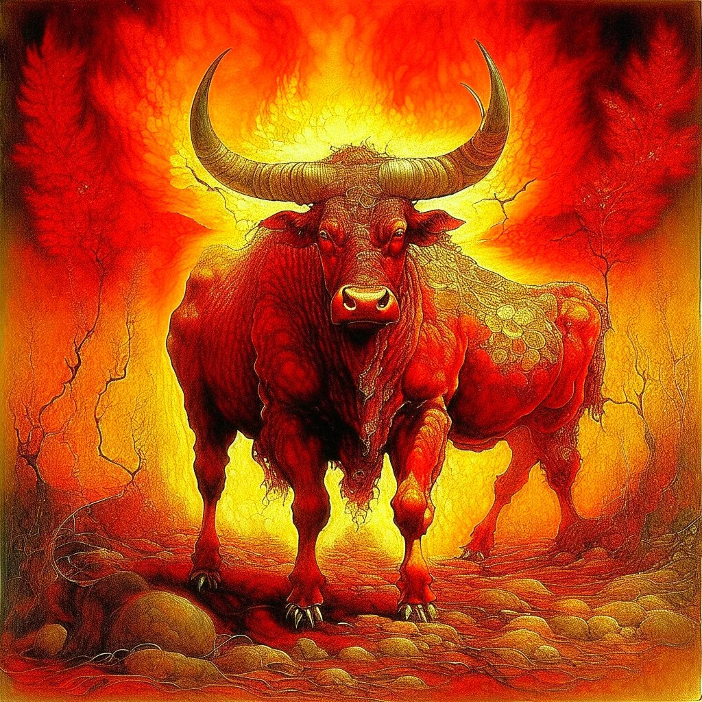 A red fire elemental bull painted by John Atkinson Grimshaw