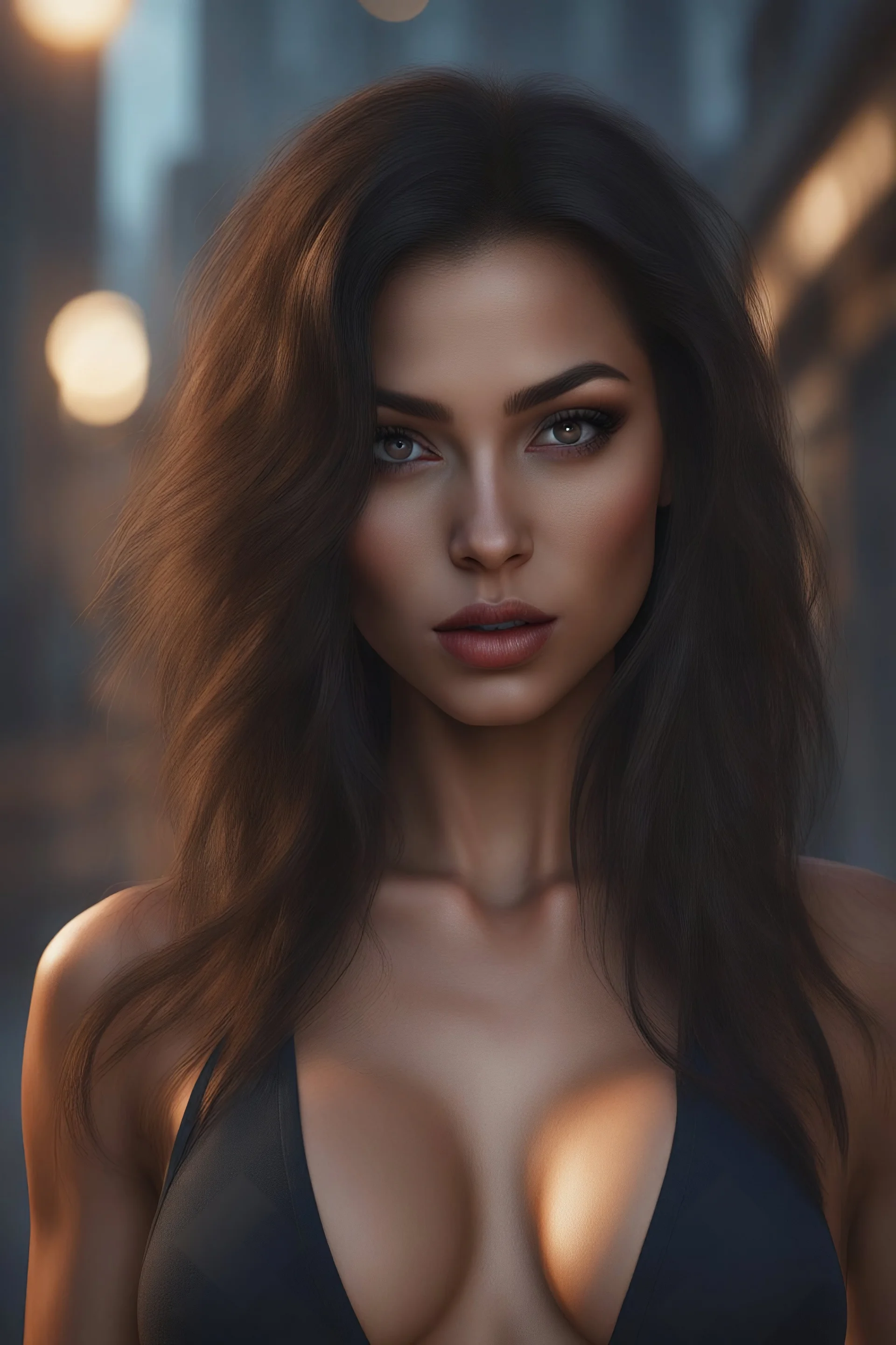 Nosferatits - head and shoulders portrait, Photorealistic, hyperrealism, Dazzling, Complex, dramatic, bold, attractive Midge the Werewolf babe, perfect, Athletic, toned body with tanned skin, perfectly formed body, Dracula City, extremely detailed, lipstick, eyeshadow, eyeliner, mascara, rouge, photorealistic, 4k UHD Photograph,