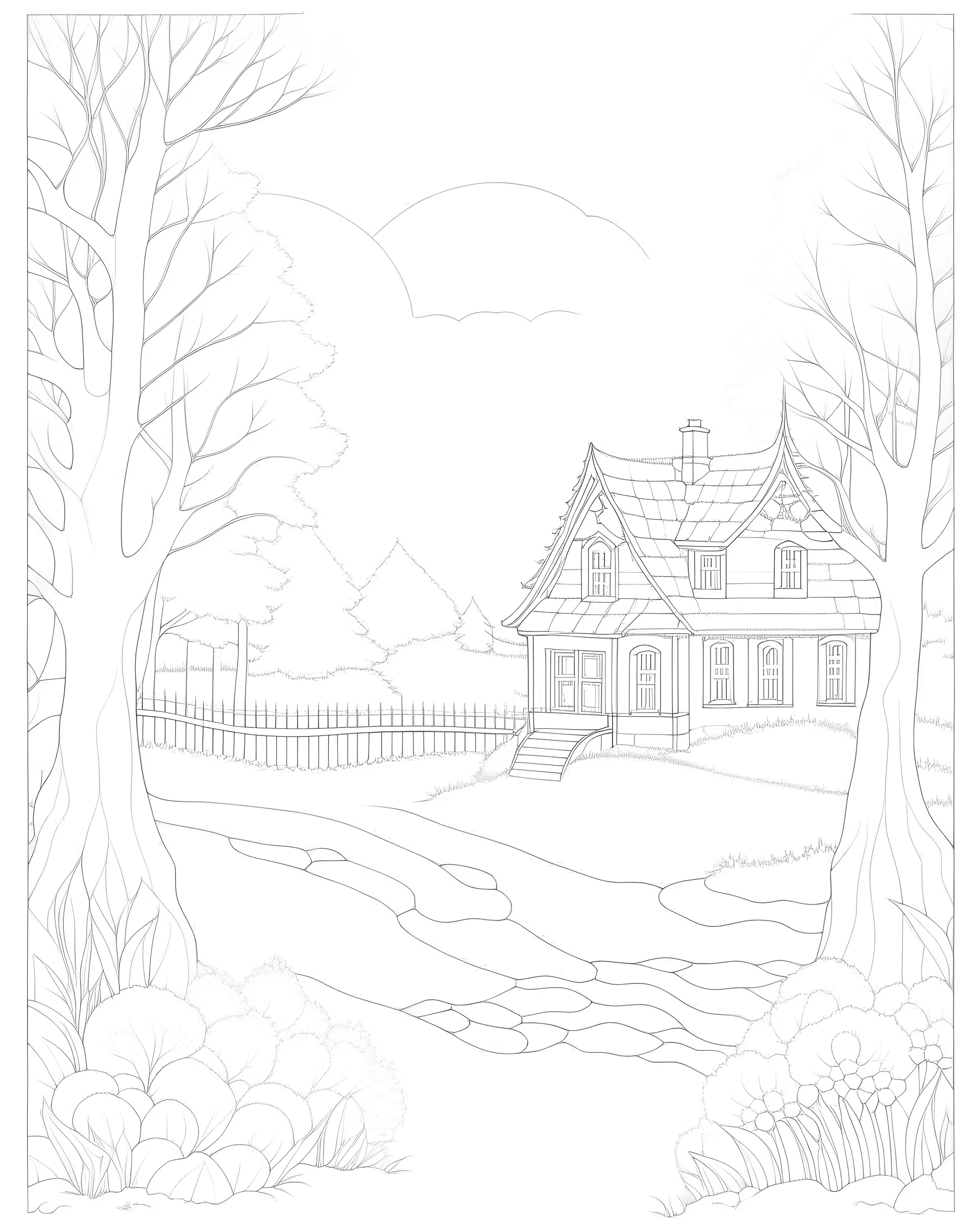 coloring page: Winter wonderland coloring page, enchanting first snow scene, realcartoon style, trending on artstation, sharp focus studio photo, intricate details, cottagecore vibes, 10:16, digital art, pastel colors, warm tone, backlighting, wide-angle composition