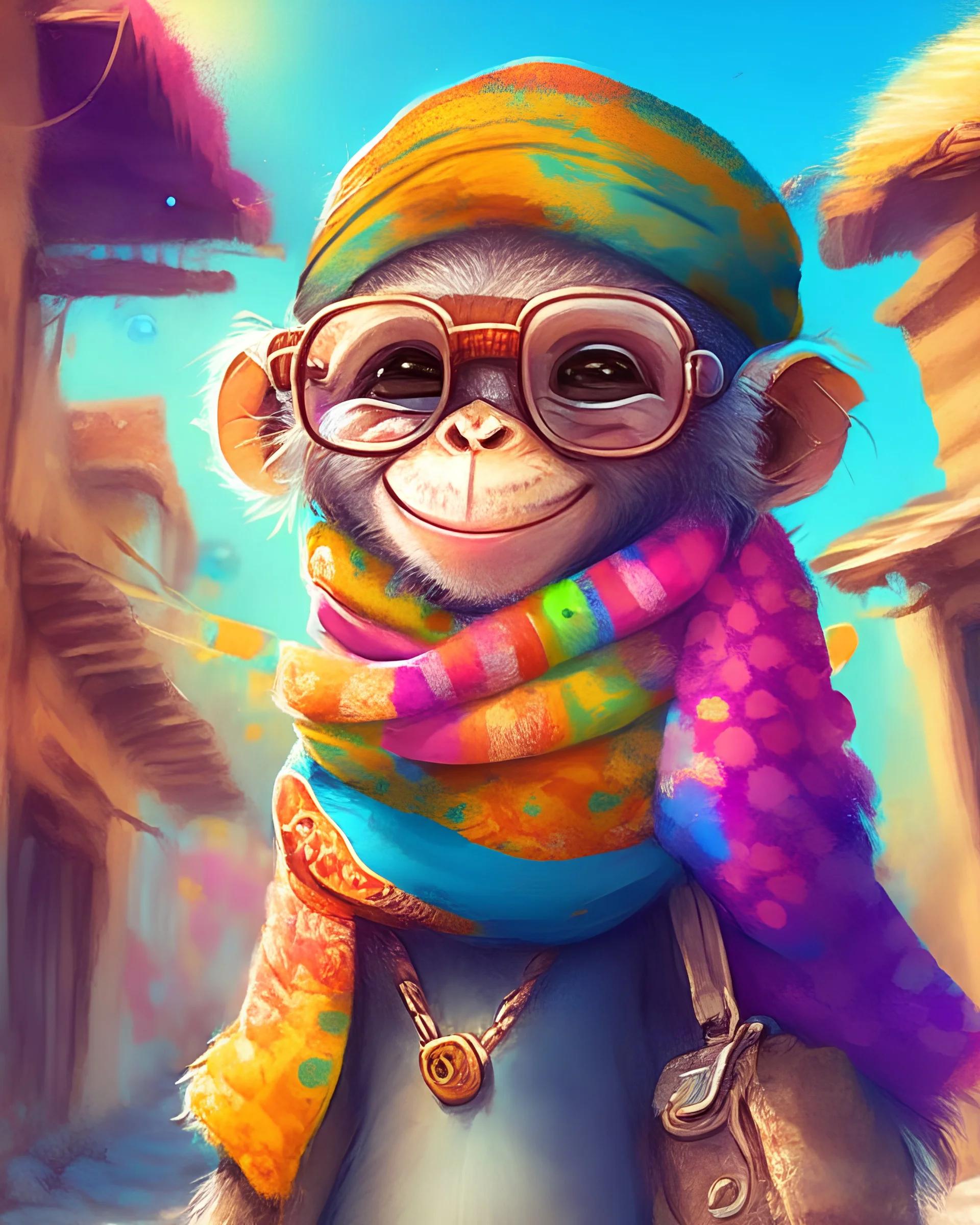 Cute and little monkey traveling in the village, with smile, wearing colorful scarf, sunglasses, fantasy, creative art