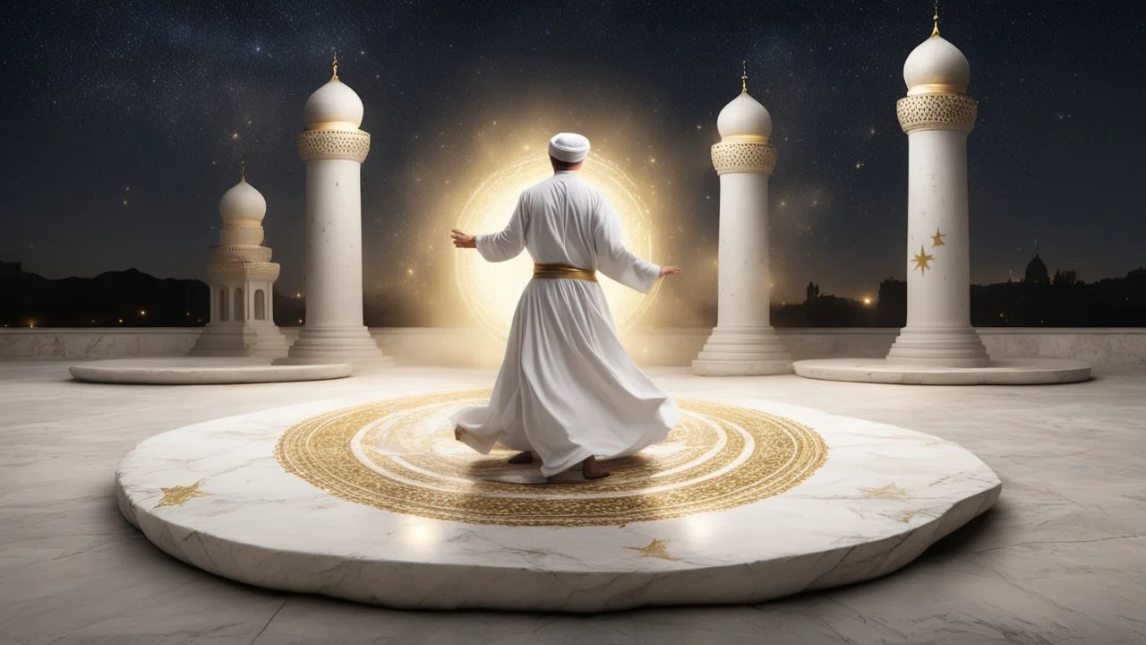 Hyper Realistic Sufi Whirling on stone floor with white & Golden Islamic Sufi Rustic Grungy Background outside white marble Islamic monument at dark night with stars on sky