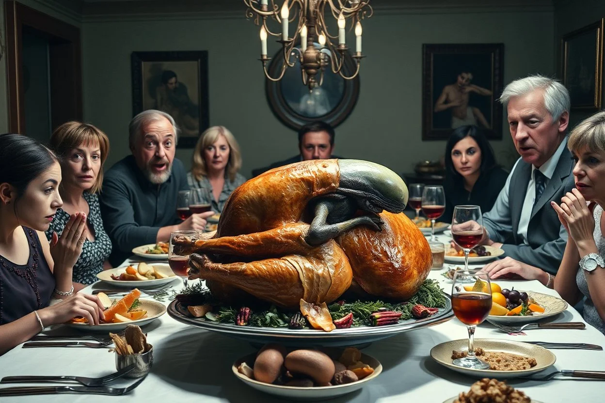 Thanksgiving dinner table with shocked extended family sitting around table with a large oozing roasted turkey on a platter with a baby xenomorph bursting from out of the middle of the turkey, visceral, unsettling, by Joel-Peter Witkin and Laurie Lipton, color photograph, weirdcore, sharp focus, dynamic lighting, 8K resolution