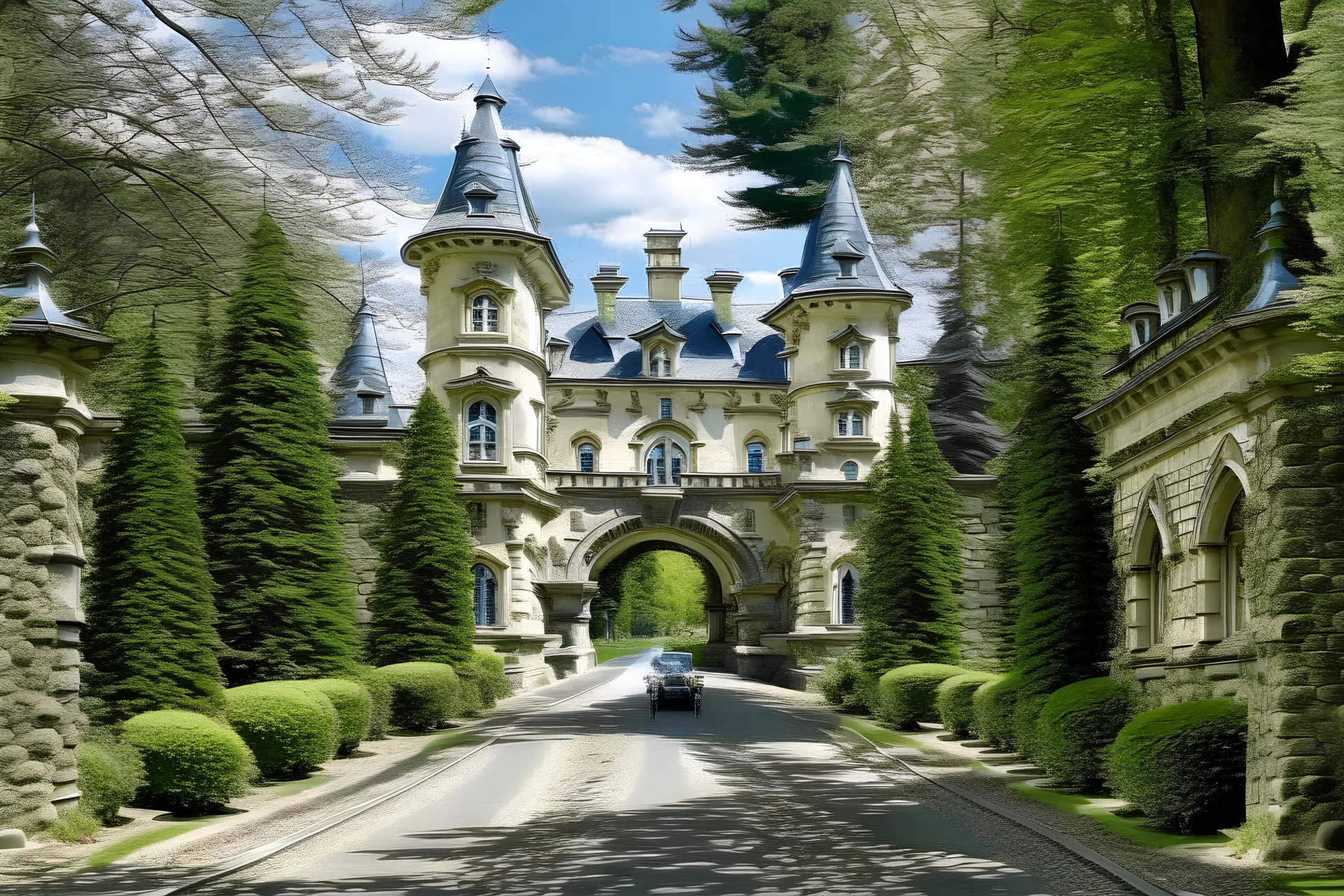 castle driveway over arched with trees