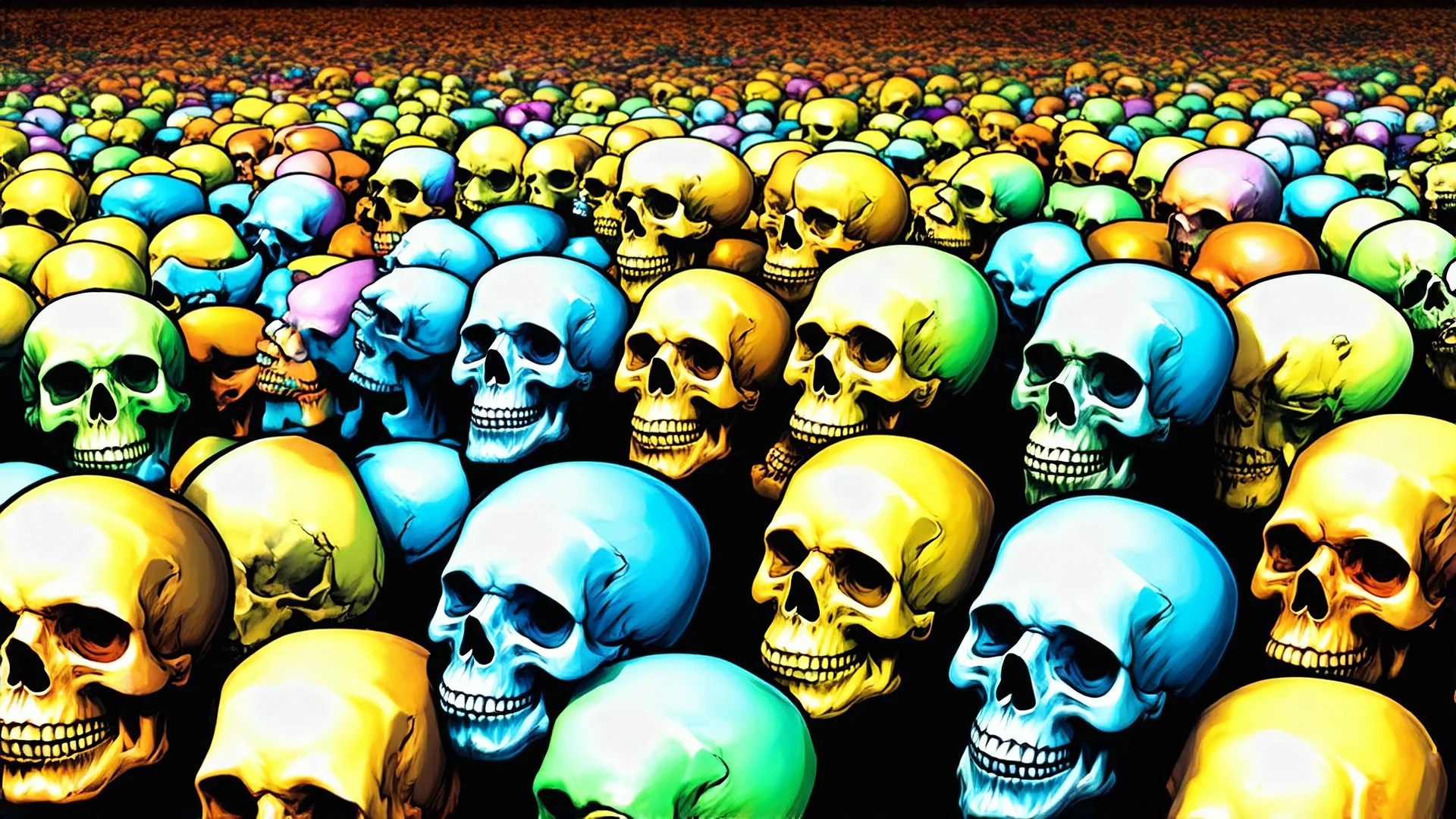 a field of 1000s of cartoonish, anatomically correct, skulls, vivid RANDOM BRIGHT neon colors, dark comedy, well lit, high detail, photorealistic, horrorcore, fun, scary, none featured, each a different color or hue,